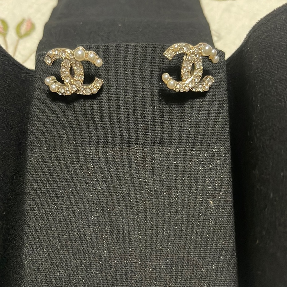 Chanel Gold Half Mini Pearls /Crystals Double C Earrings